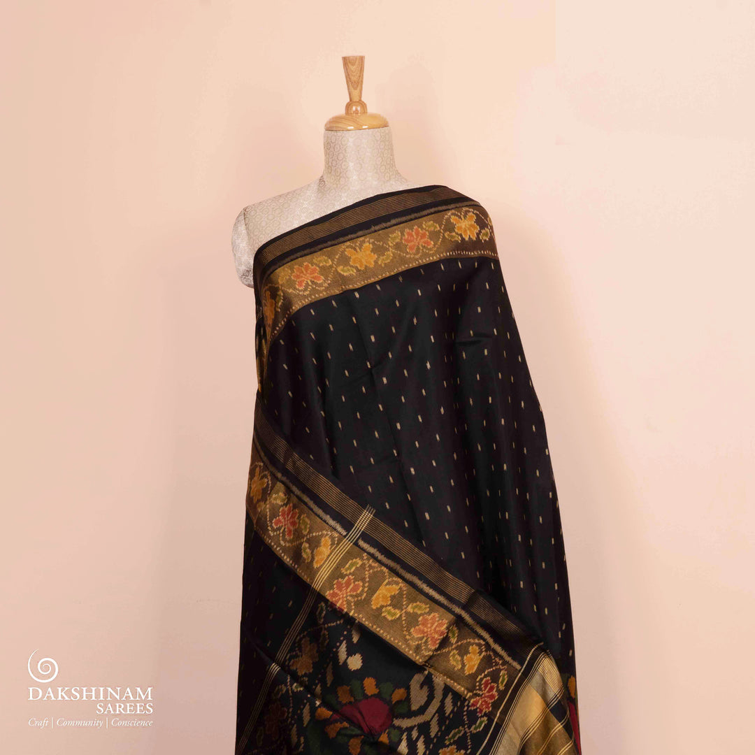 Pleats/body of Handwoven black Ikat silk  Saree