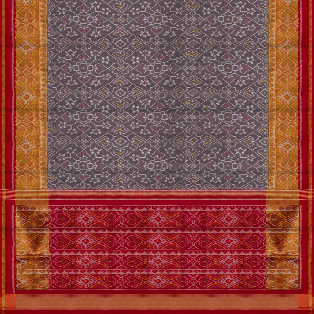 Pallu of Handwoven grey and red Ikat silk Saree