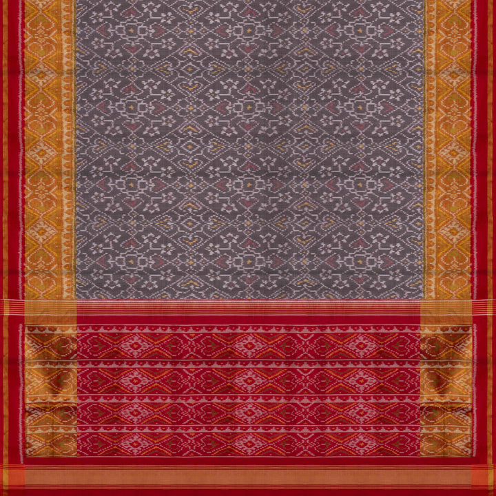 Pallu of Handwoven grey and red Ikat silk Saree