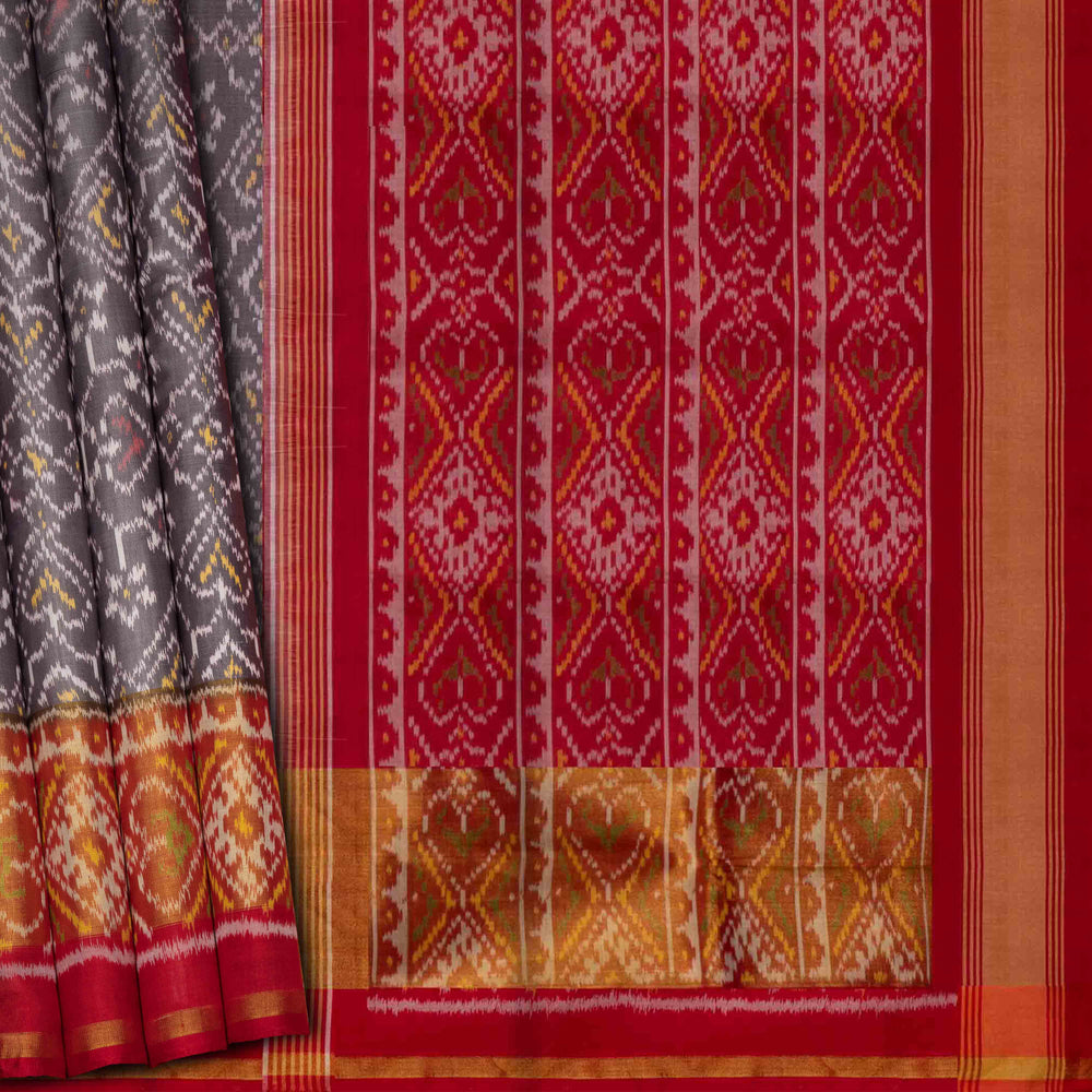 Body design of Handwoven grey and red Ikat silk Saree