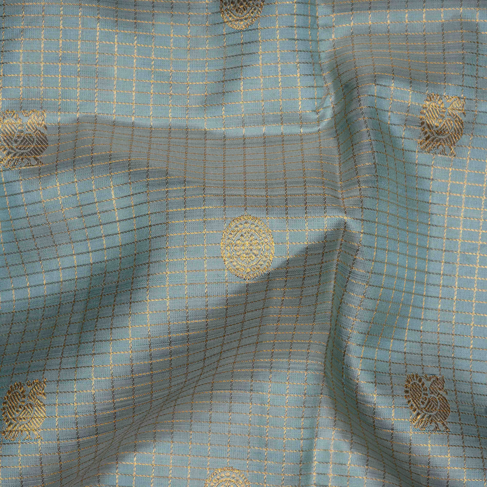 Closeup of Handwoven light blue and grey kanjivaram silk Saree