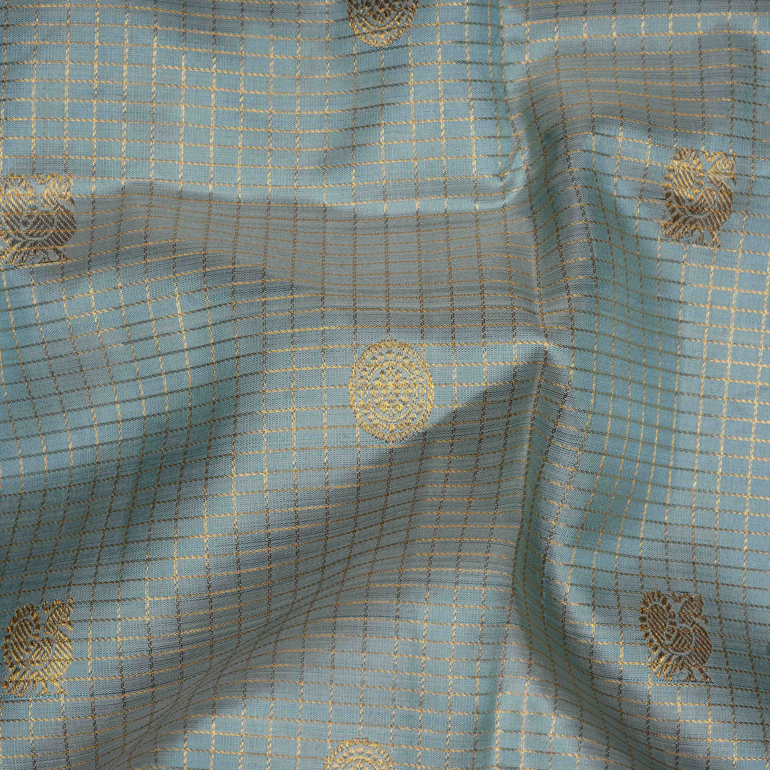Closeup of Handwoven light blue and grey kanjivaram silk Saree