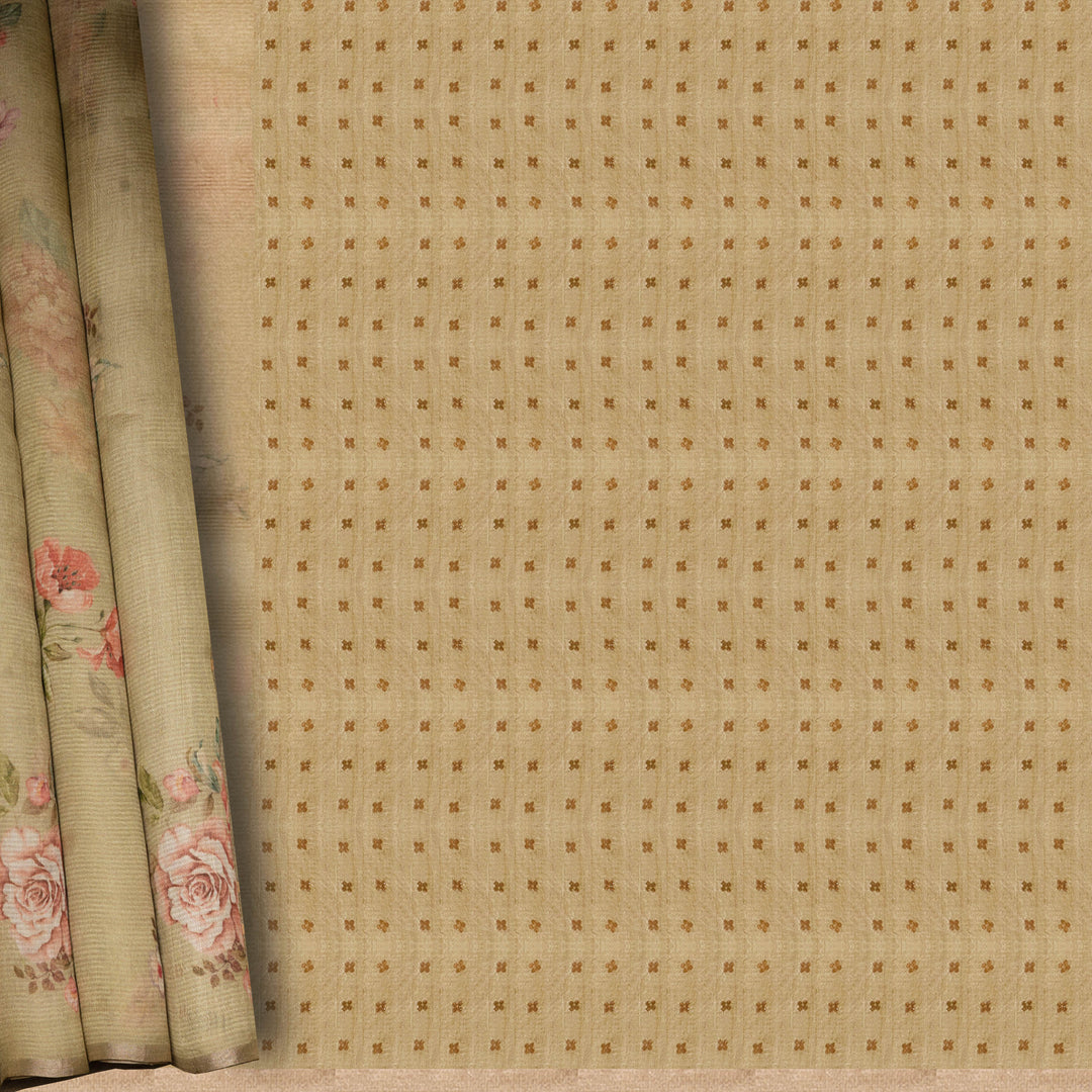 Close-up of fabric with a grid pattern and floral design.