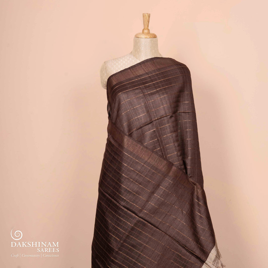 Pleats/body of Handwoven brown tussar  silk Saree