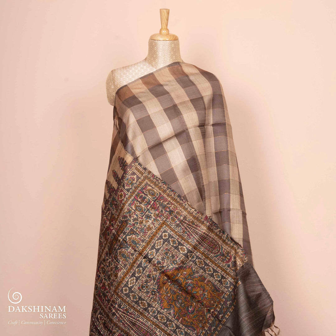 Pleats/body of Handwoven multicolour kora  silk Saree