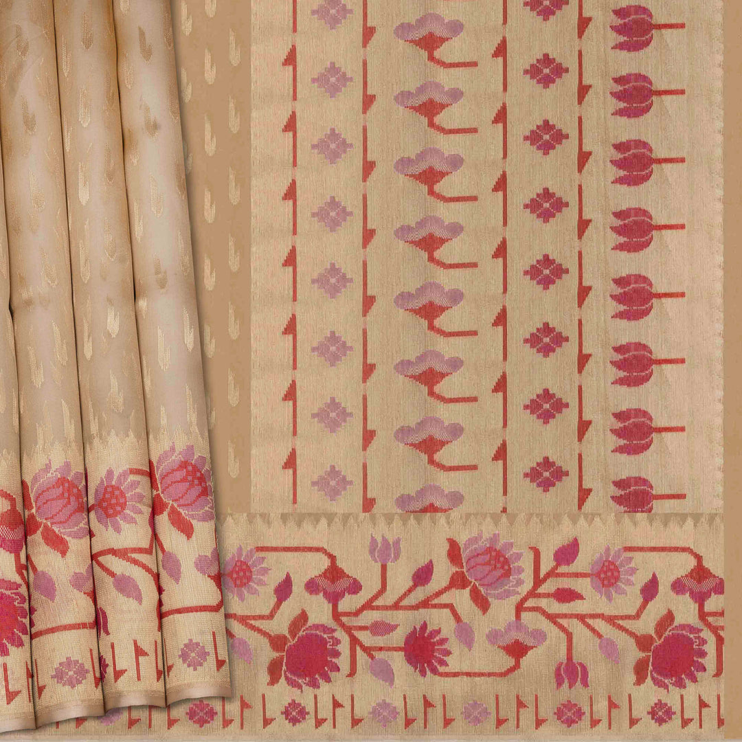 Beige fabric with pink floral patterns on a plain background