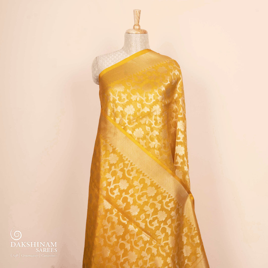 Pleats/body of Handwoven yellow kora silk Saree