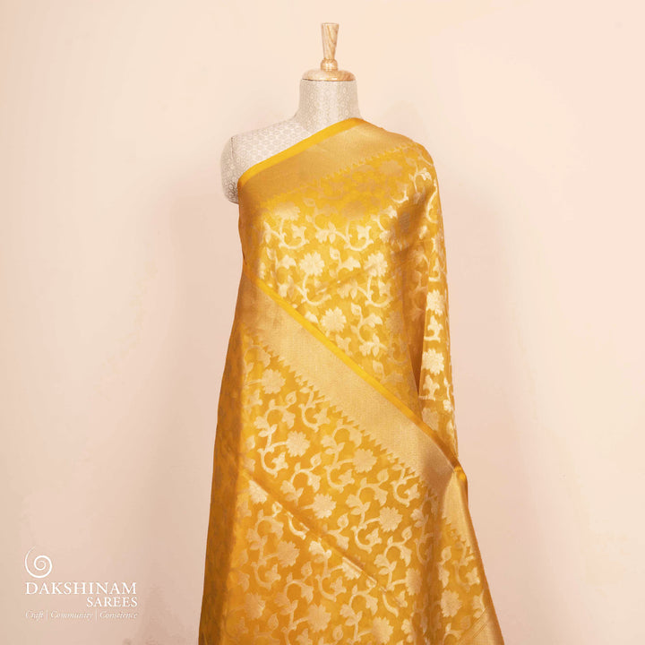 Pleats/body of Handwoven yellow kora silk Saree