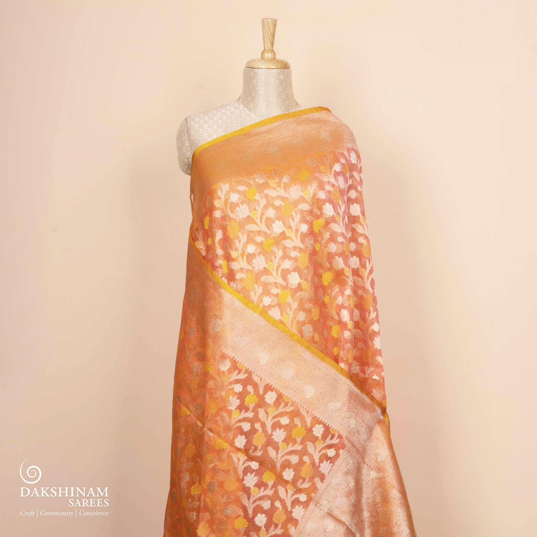 Pleats/body of Handwoven peach kora silk Saree