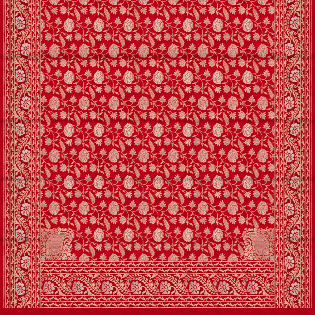 Pallu of Handwoven red banarasi kora silk Saree