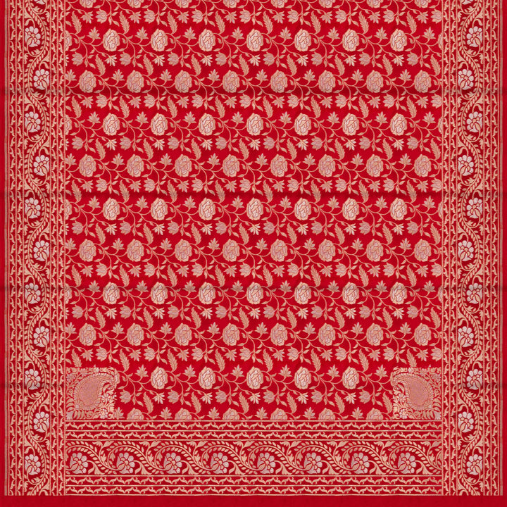 Pallu of Handwoven red banarasi kora silk Saree