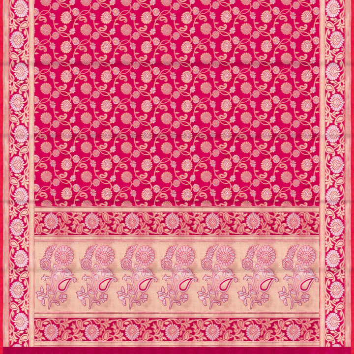 Pallu of Handwoven pink banarasi kora silk Saree