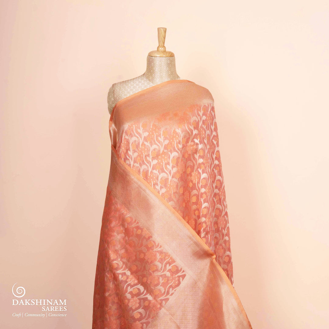 Pleats/body of Handwoven peach kora silk Saree