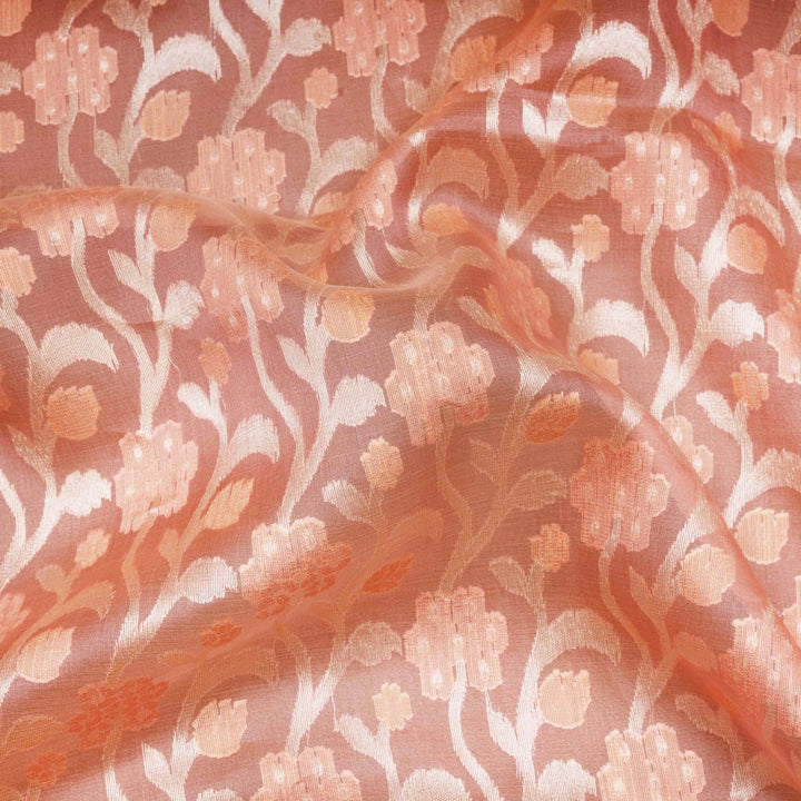 Closeup of Handwoven peach kora silk Saree