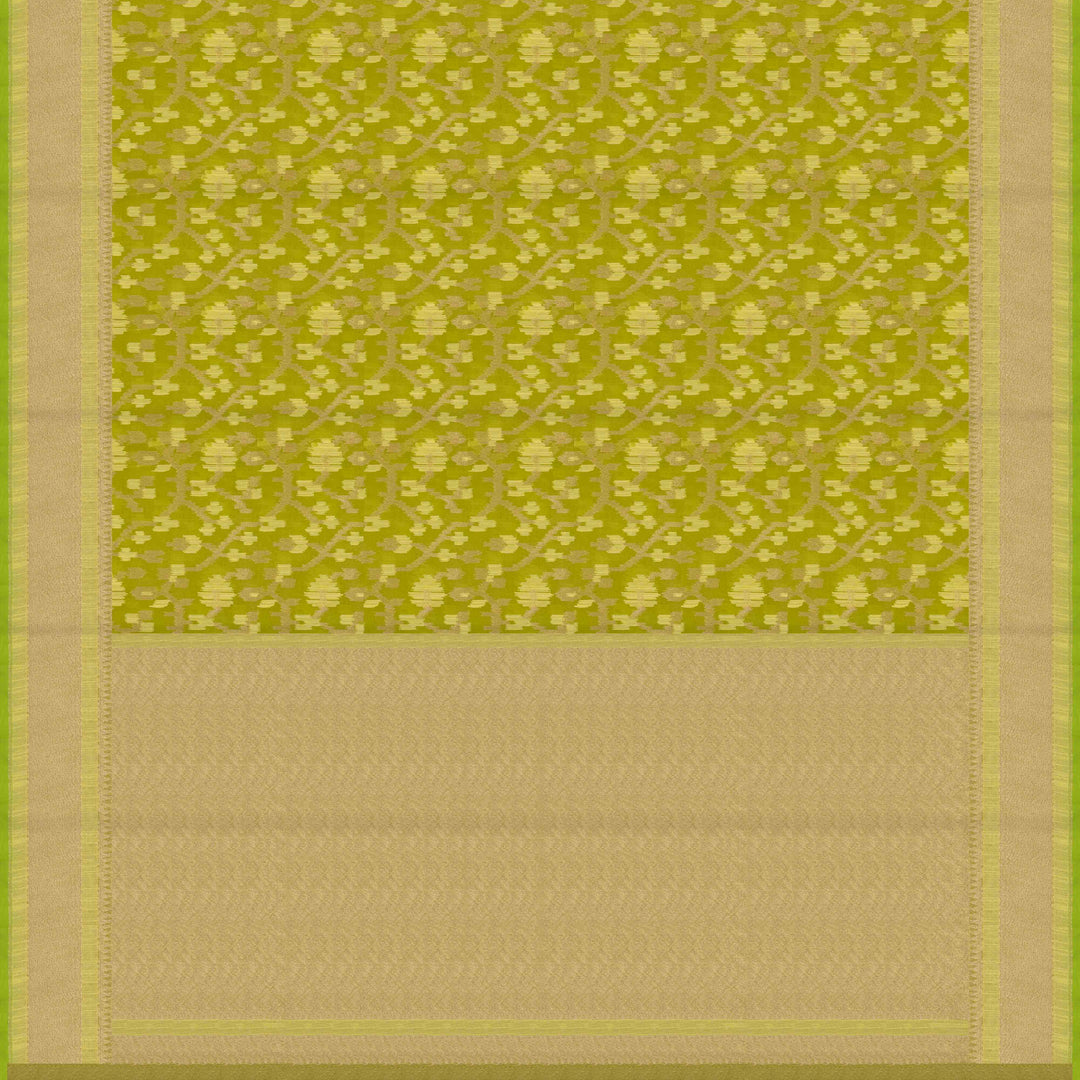 Pallu of Handwoven lime green kora silk Saree