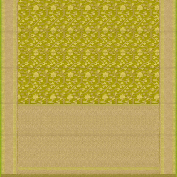 Pallu of Handwoven lime green kora silk Saree