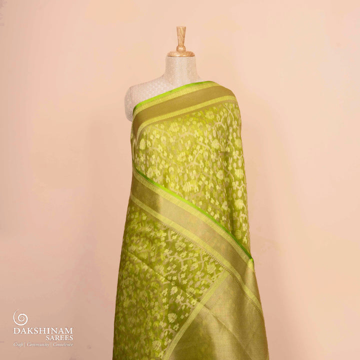 Pleats/body of Handwoven lime green kora silk Saree
