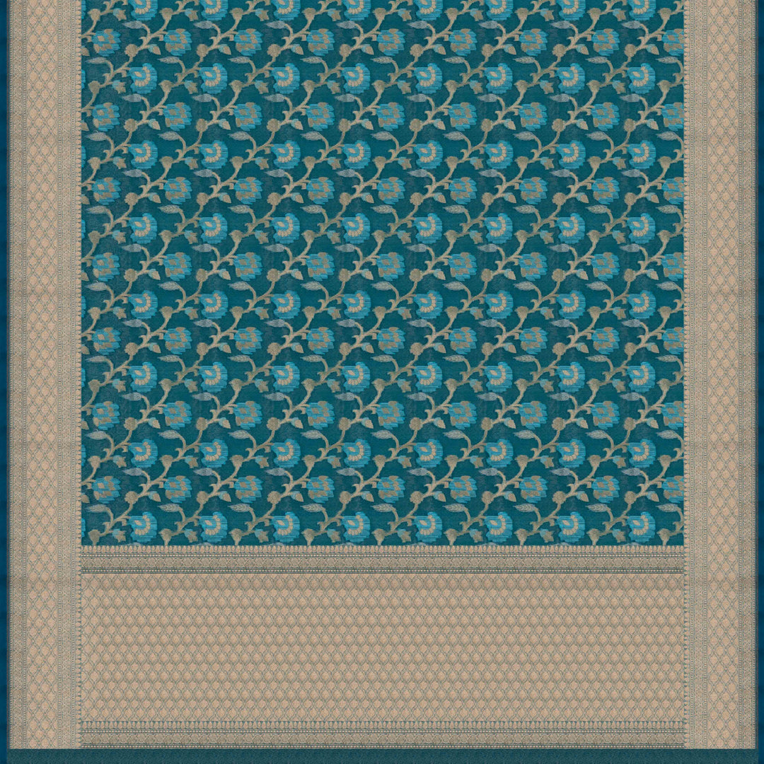 Pallu of Handwoven teal blue kora silk Saree