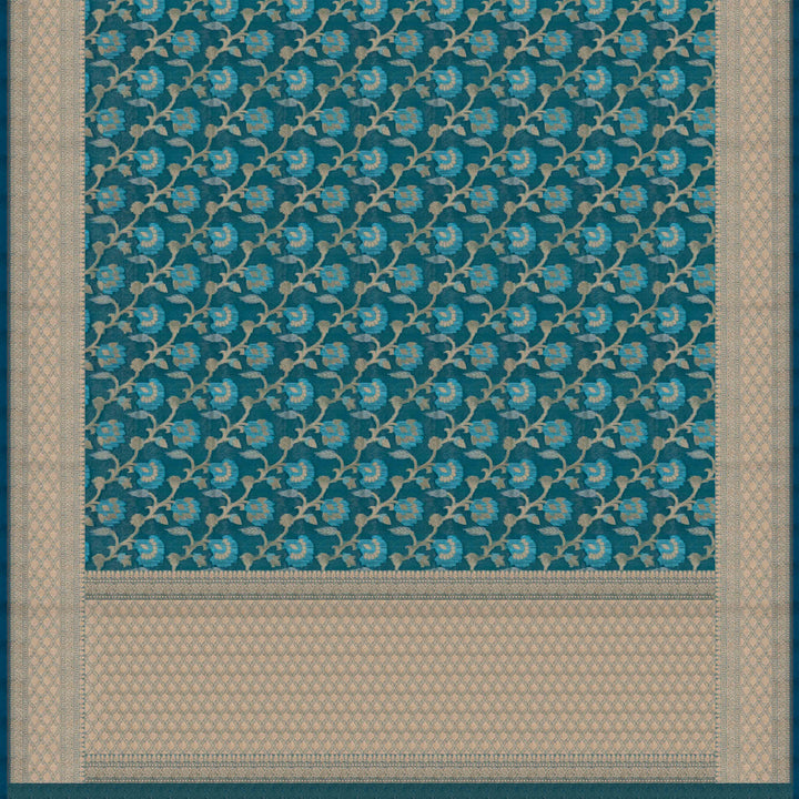 Pallu of Handwoven teal blue kora silk Saree