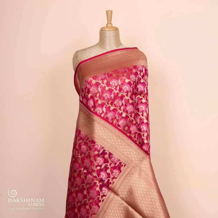 Pleats/body of Handwoven pink kora silk Saree