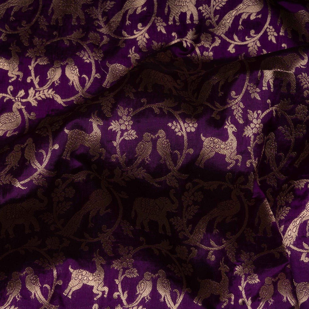 Closeup of Handwoven purple Banarasi silk Saree