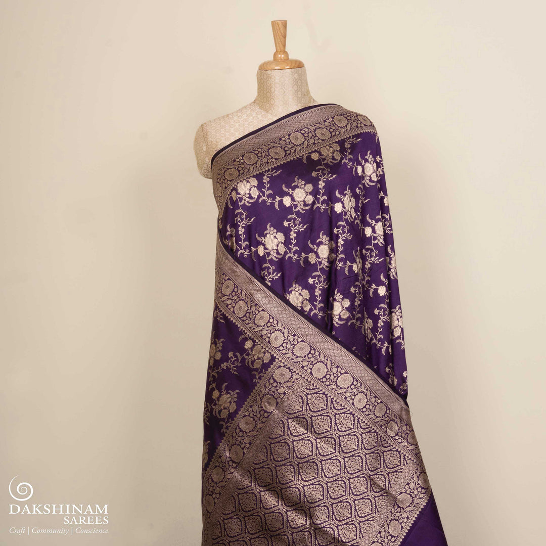 Pleats/body of Handwoven purple Banarasi kattan silk Saree