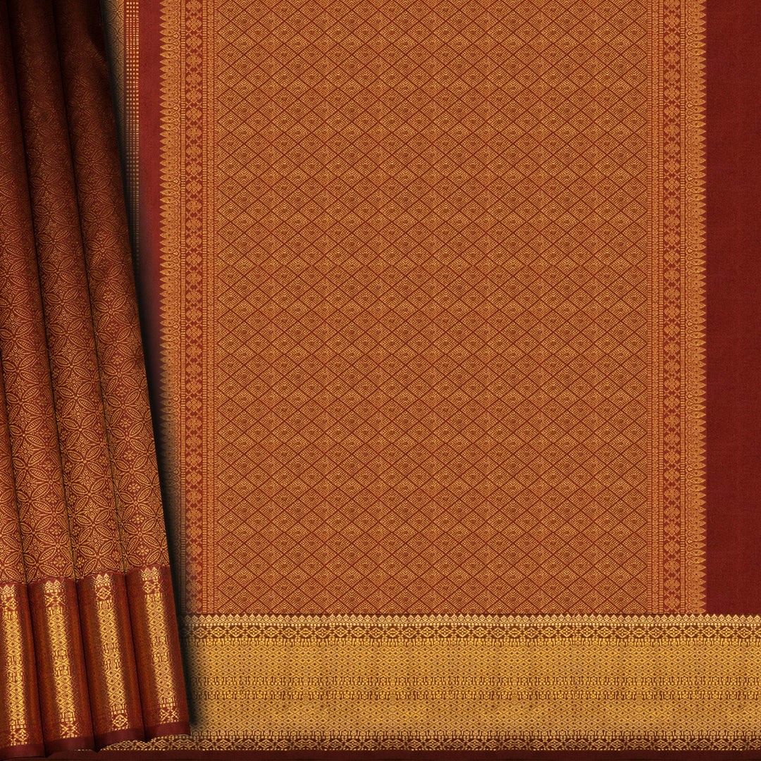 Brown fabric with intricate patterns and a gold border