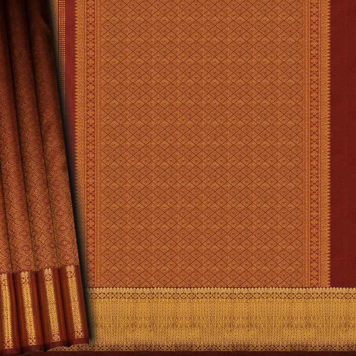 Brown fabric with intricate patterns and a gold border