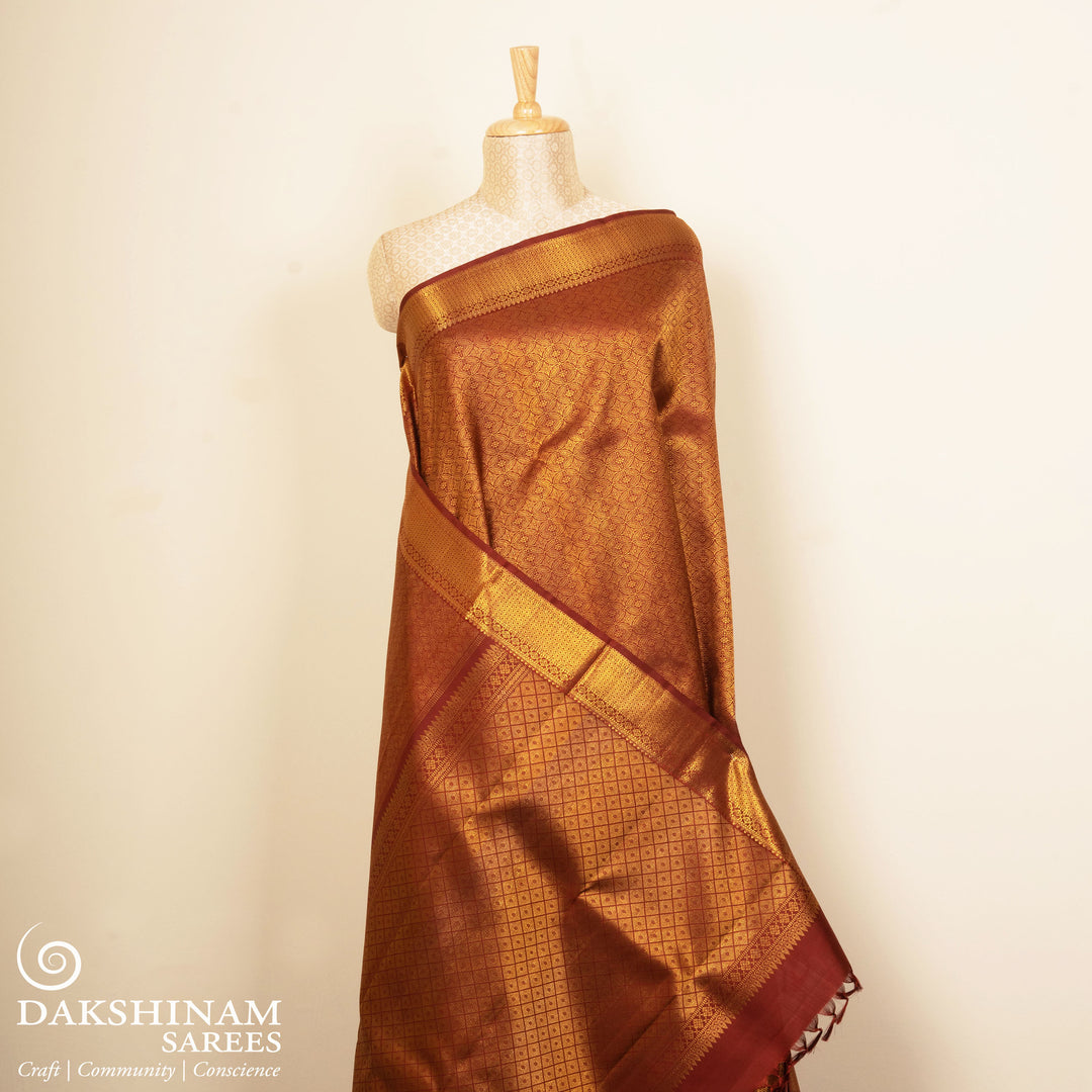 Pleats/body of Handwoven brown kanjivaram silk Saree