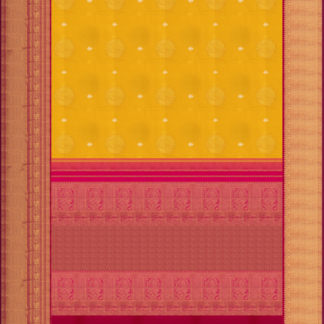 Pallu of Handwoven yellow kora kanjivaram silk Saree