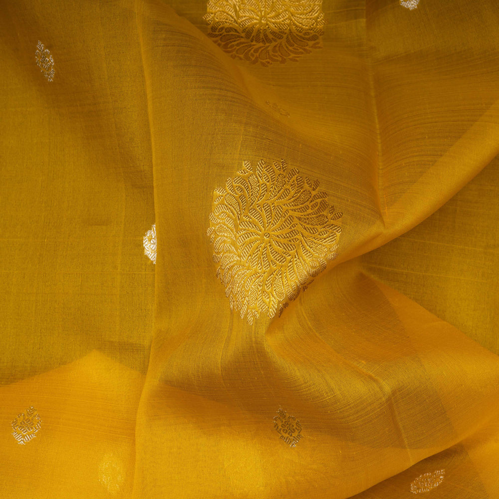 Closeup of Handwoven yellow kora kanjivaram silk Saree