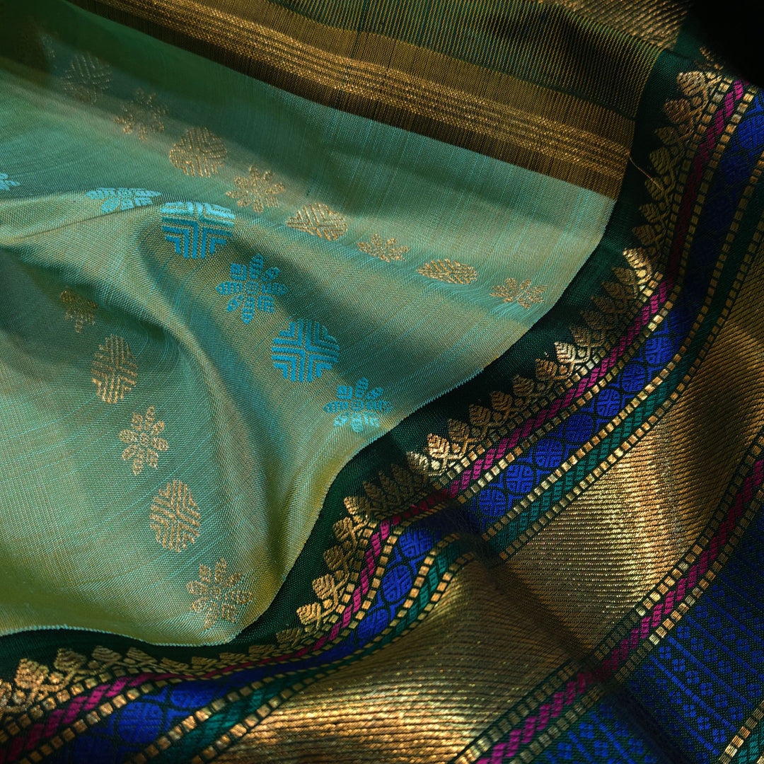 Closeup of Handwoven aqua green kanjivaram silk Saree