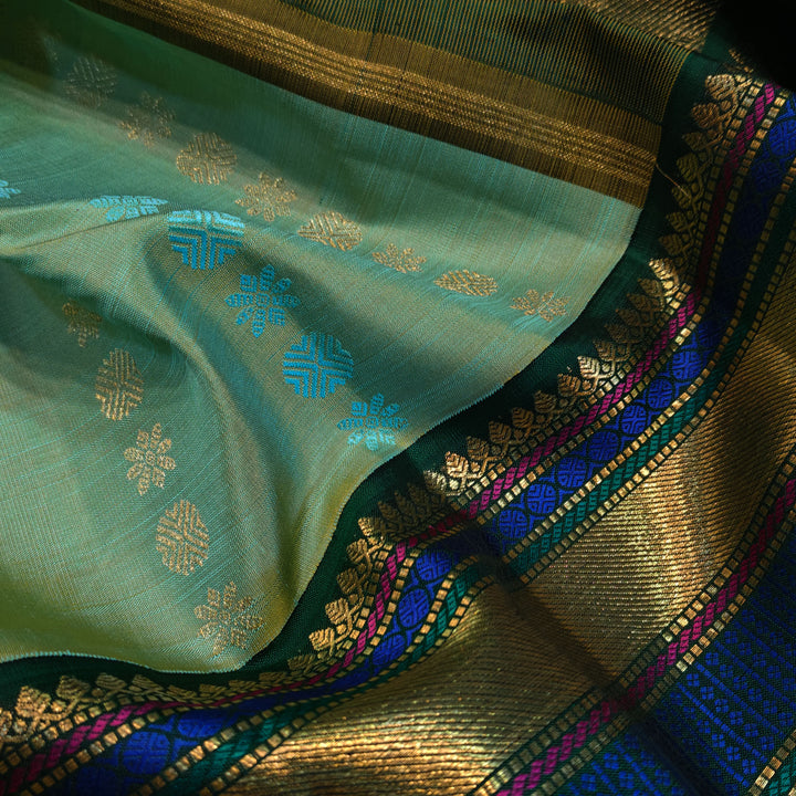 Closeup of Handwoven aqua green kanjivaram silk Saree