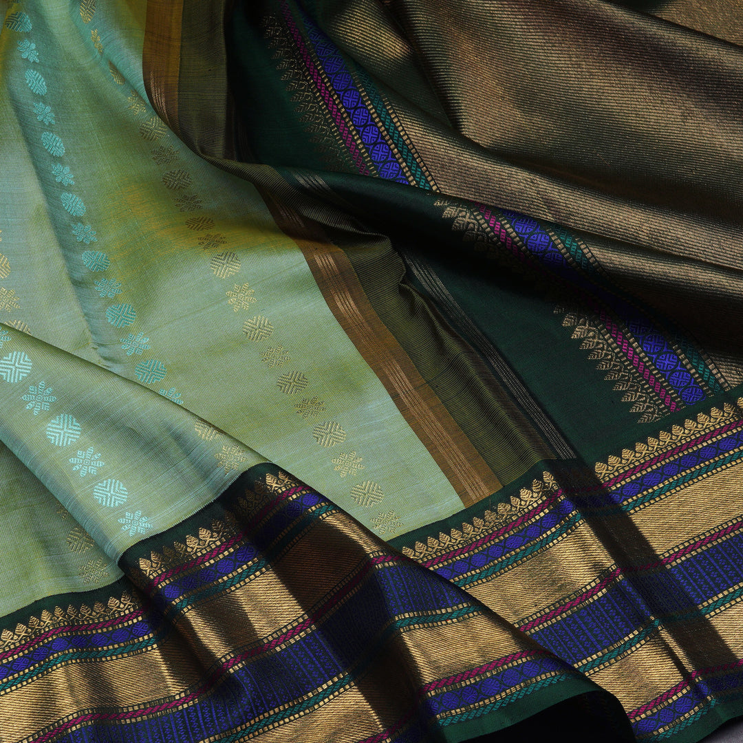 Closeup of Handwoven aqua green kanjivaram silk Saree