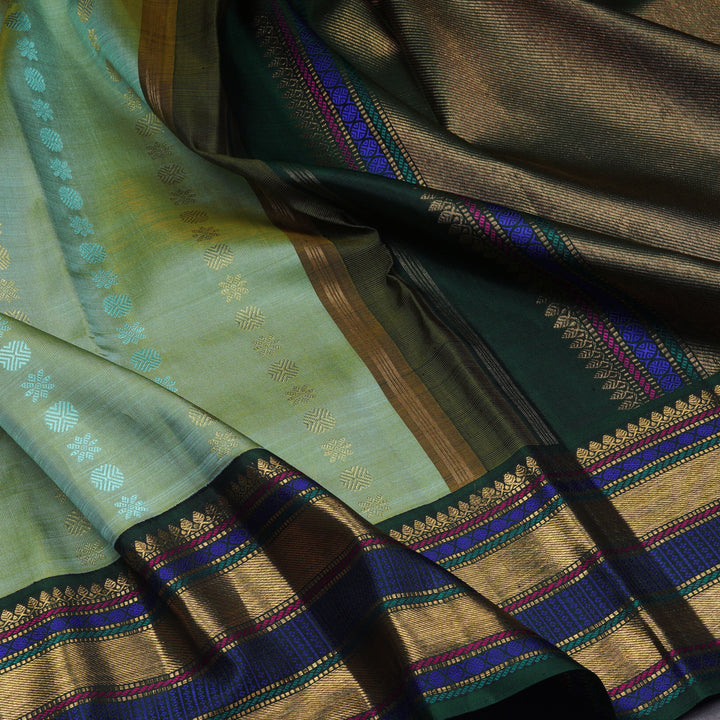 Closeup of Handwoven aqua green kanjivaram silk Saree