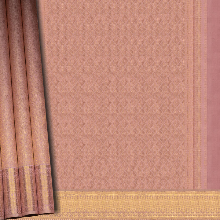 Pink fabric with a subtle pattern and gold border