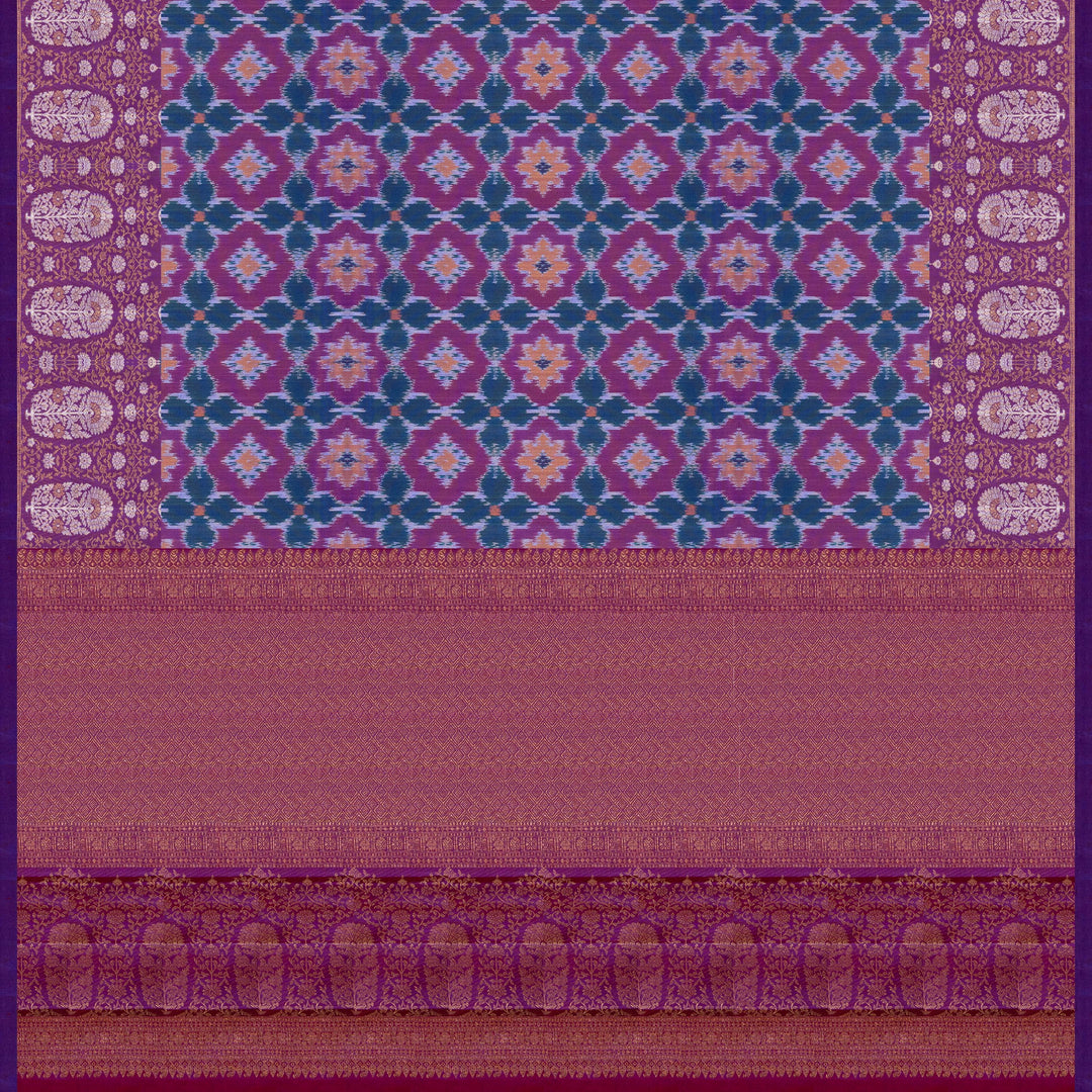 Pallu of Handwoven Ikat Kanjivaram silk saree in purple color