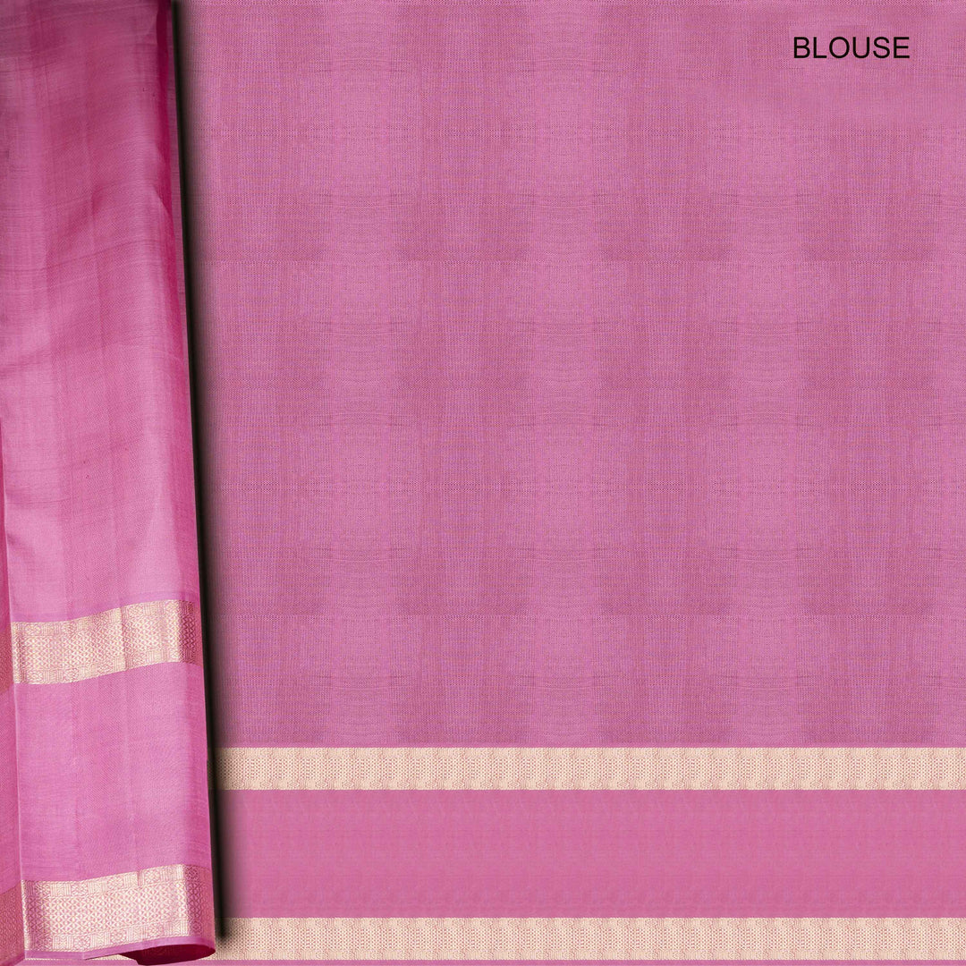 Purple blouse fabric with a gold border on a plain background