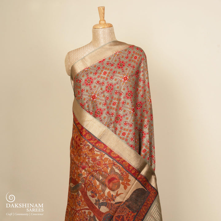 Pleats/body of Handwoven sage green Tussar silk Saree