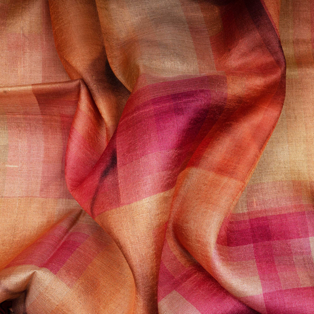 Close-up of checkered fabric with pink and brown colors