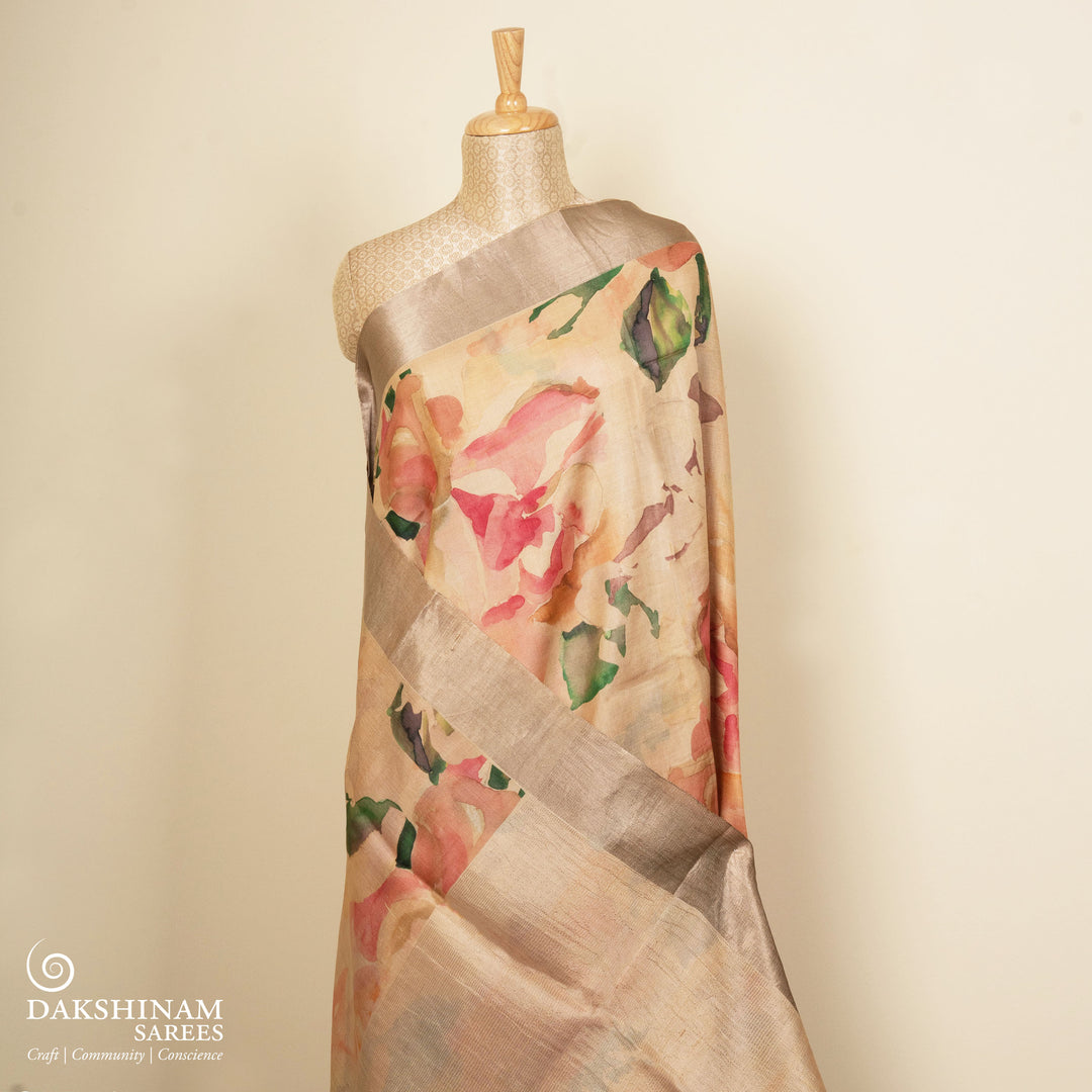 Pleats/body of Handwoven beigeTussar silk Saree