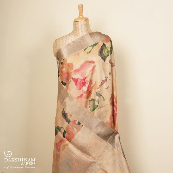 Pleats/body of Handwoven beigeTussar silk Saree