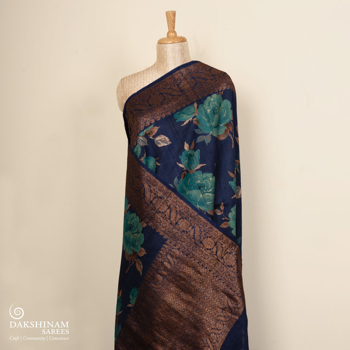 Pallu of Handwoven navy blue Tussar silk Saree