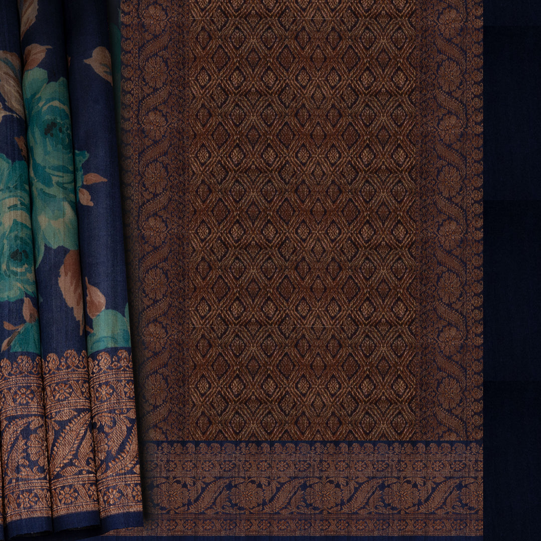 Two pieces of fabric with different patterns, one floral and one geometric, on a dark background.