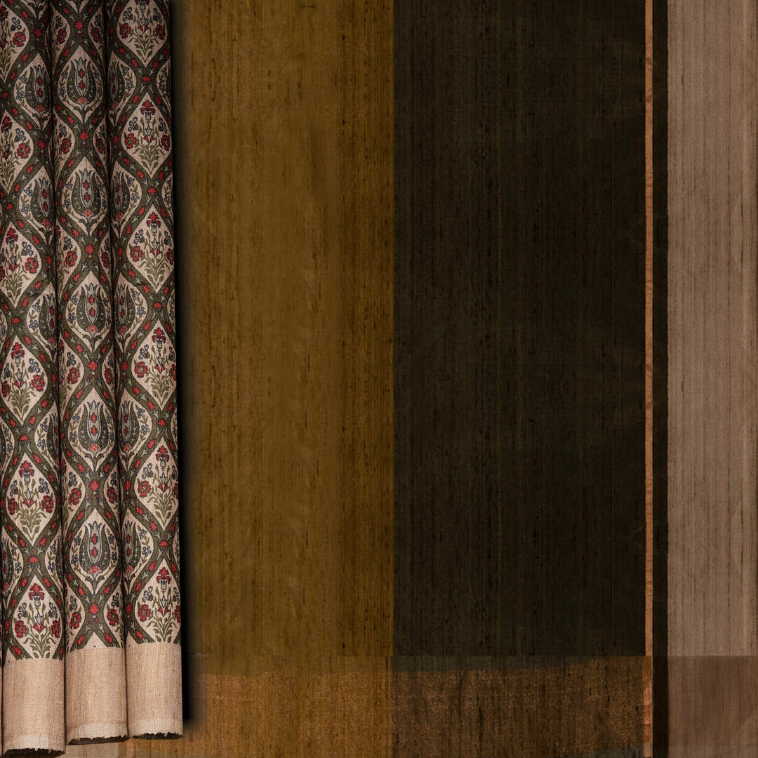 Textured fabric with a patterned edge on a wooden background