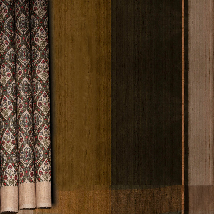 Textured fabric with a patterned edge on a wooden background