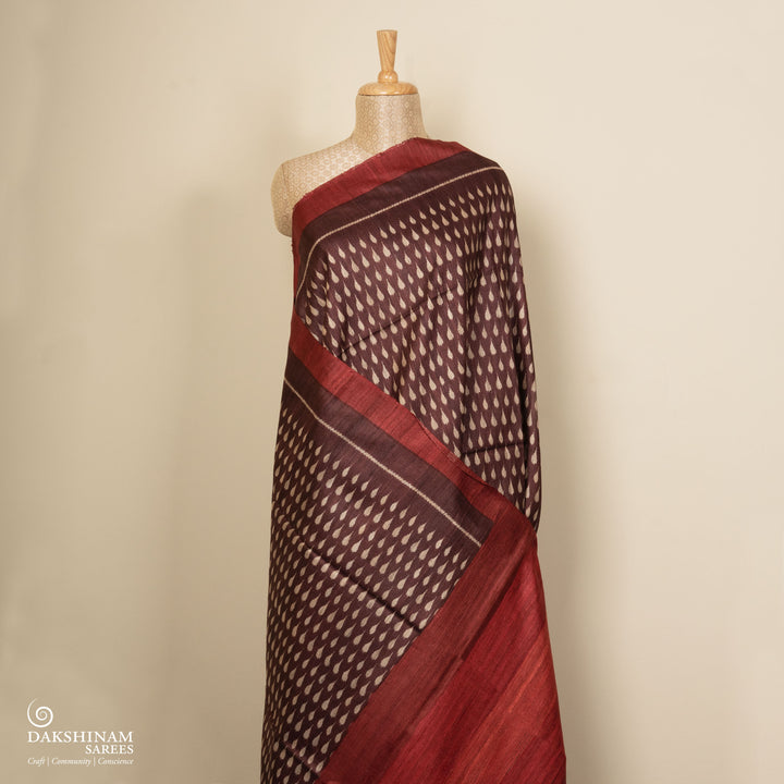 Pleats/body of Handwoven brown  tussar  silk Saree