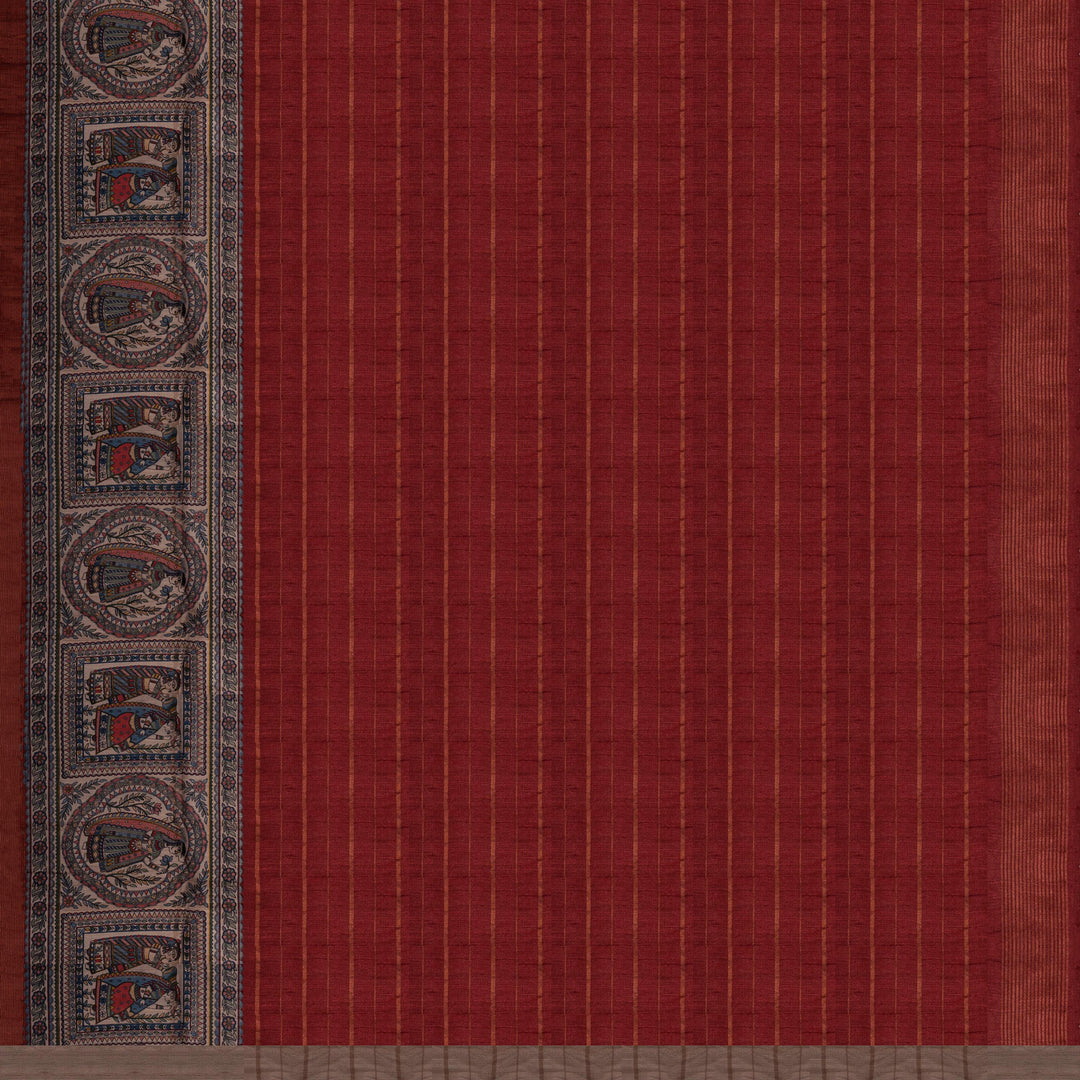 Closeup of Handwoven rust red  tussar  silk Saree