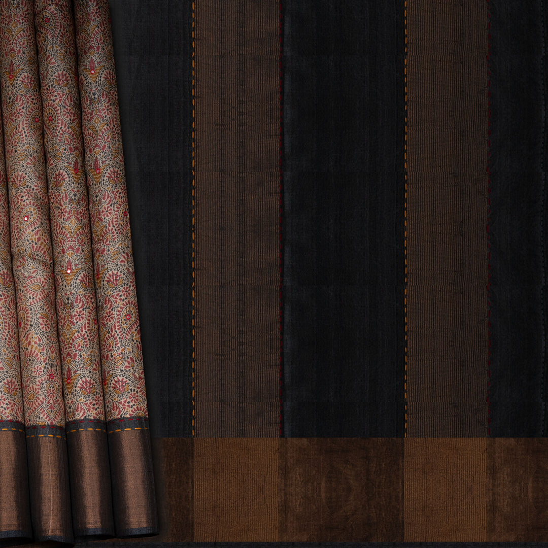 Brown and black striped fabric with floral patterned edge