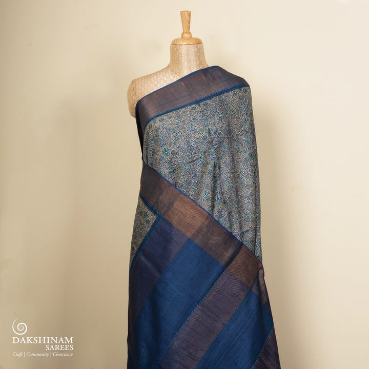 Pleats/body of Handwoven offwhite with blue tussar  silk Saree